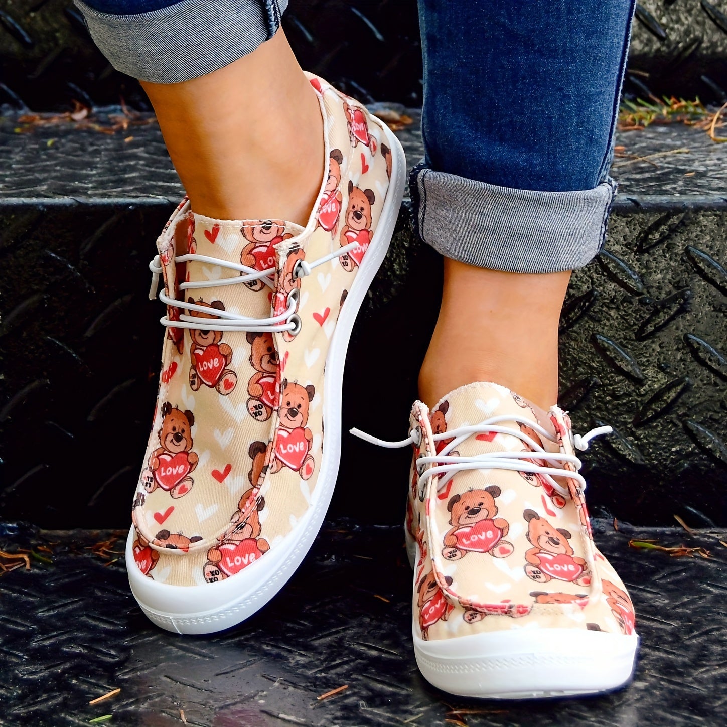 Women's Casual Canvas Shoes Love Bear Letter Print Soft Sole Comfortable