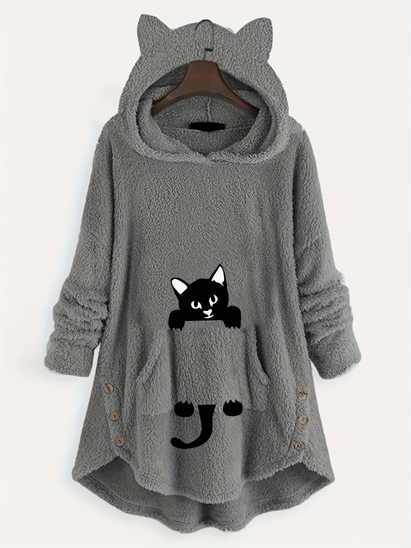 Cat Pattern Print Asymmetrical Loose Hoodies Casual Printed Long Sleeve Hoodies