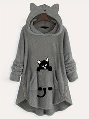 Cat Pattern Print Asymmetrical Loose Hoodies Casual Printed Long Sleeve Hoodies