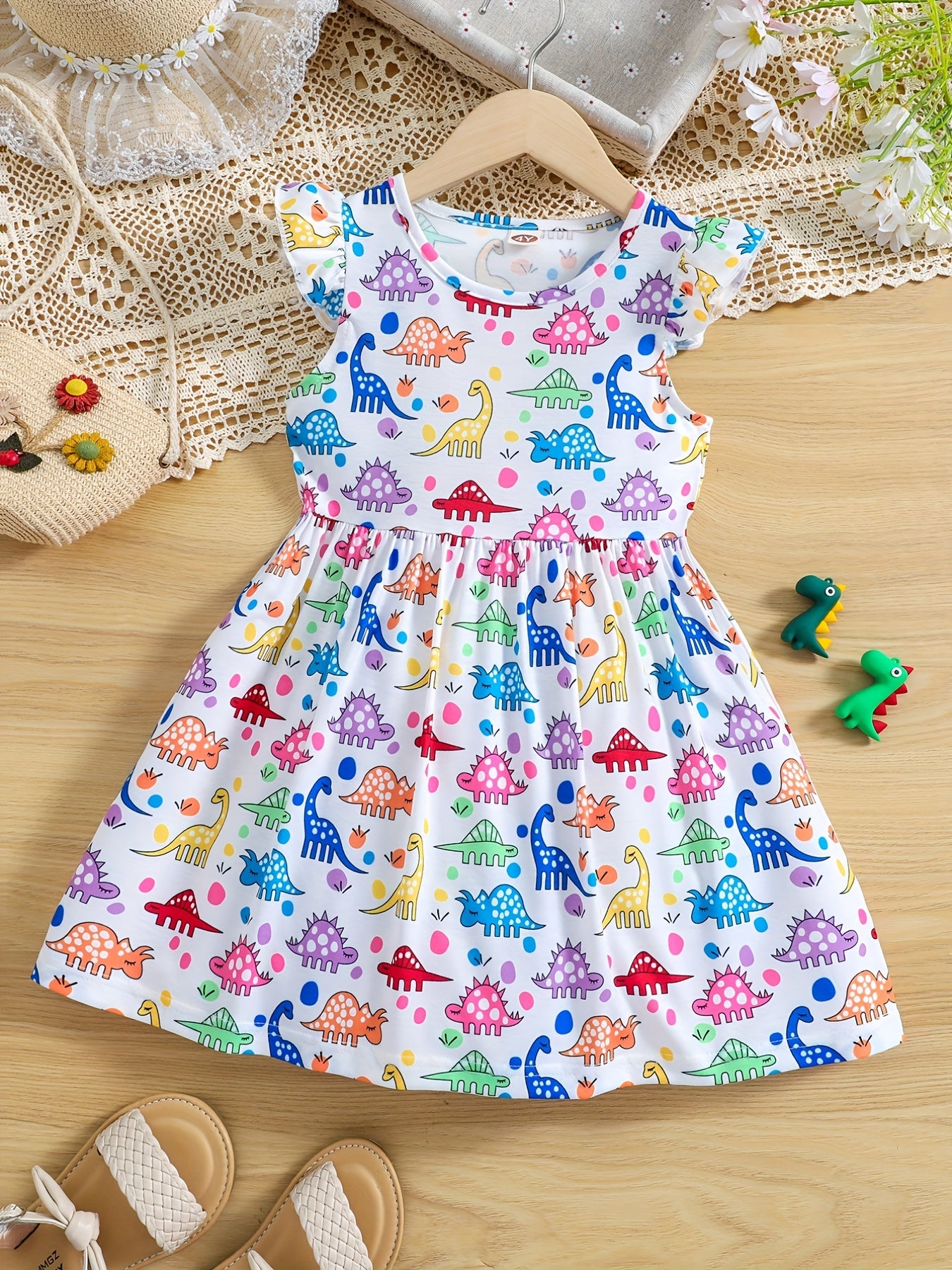 Dinosaur Print Ruffle Casual Dress for Girls