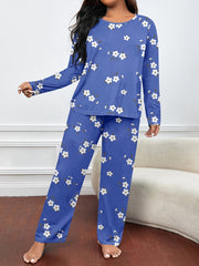 Floral Print Plus Size Pajamas Set Long Sleeve Tee & Pants Lounge 2 Piece