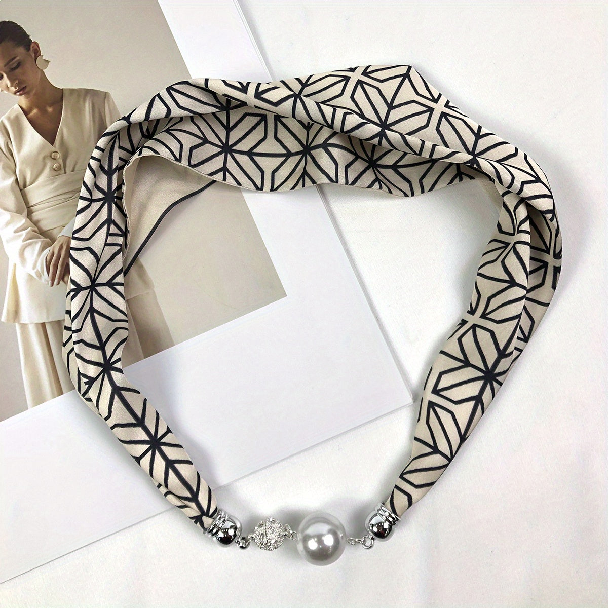 Silk Horse Print Infinity Scarf with Faux Pearl Magnetic Buckle