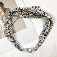 Silk Horse Print Infinity Scarf with Faux Pearl Magnetic Buckle