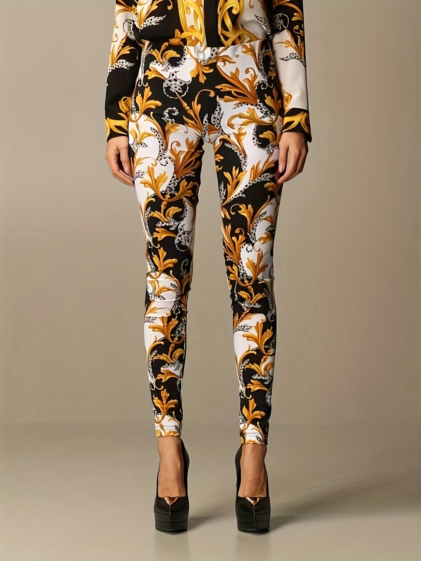 Baroque Print Skinny Leggings for Women, Stretchy Boho Pants