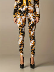 Baroque Print Skinny Leggings for Women, Stretchy Boho Pants