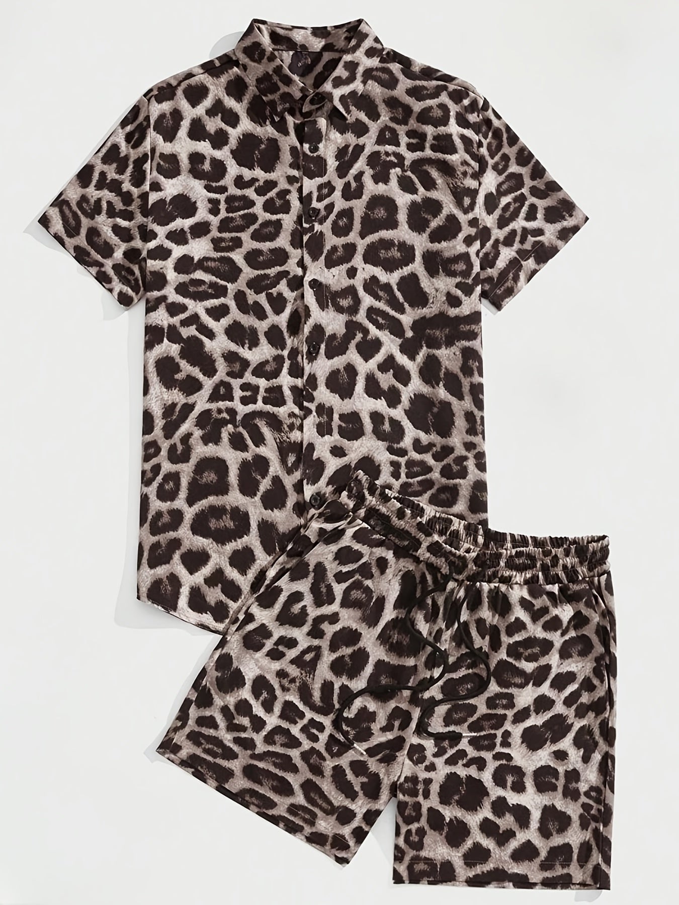 Leopard Print Men's 2Pcs Outfits Camp Collar Button Up Shirt & Shorts Set