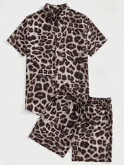 Leopard Print Men's 2Pcs Outfits Camp Collar Button Up Shirt & Shorts Set