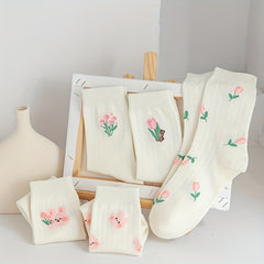 5 Pairs Floral Print Socks Comfy & Breathable Women's Stockings
