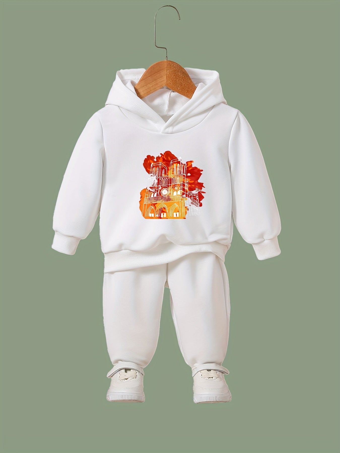 2pcs Big House Print Girls Hoodies Jogger Pants Set For Sports