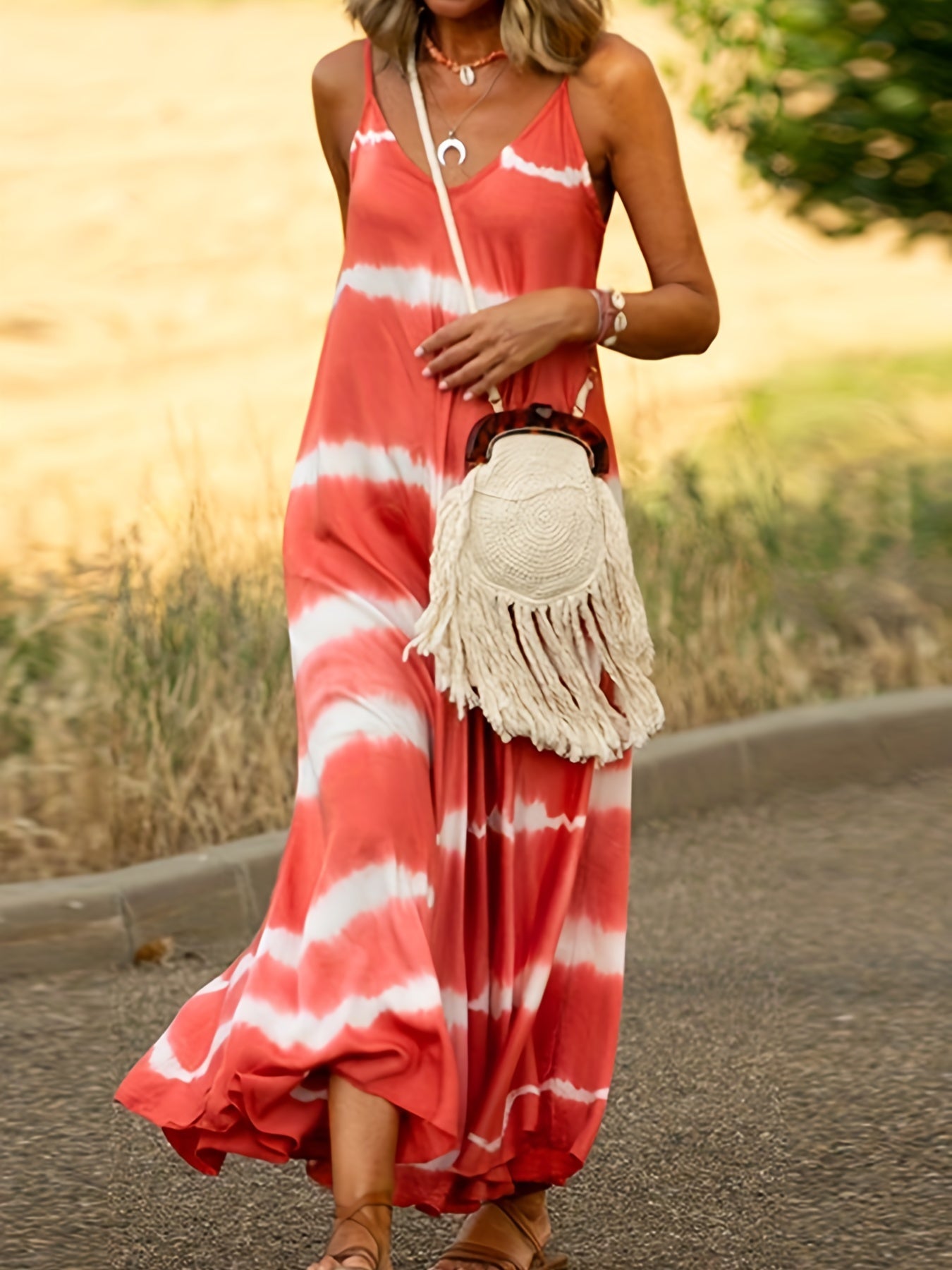 Colorblock Tie Dye V Neck Maxi Cami Dress