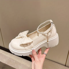 Women's Bowknot Loafers Faux Pearl Chain Shoes