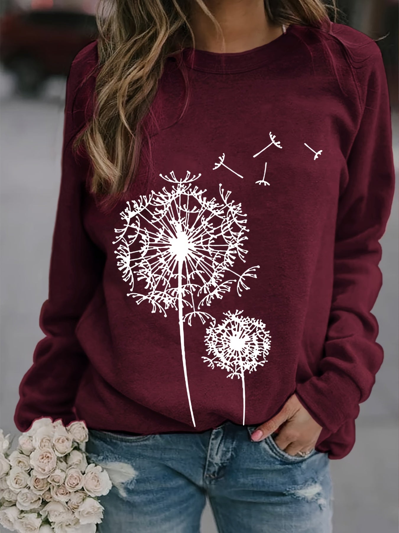 Dandelion Print Crew Neck Sweatshirt for Women