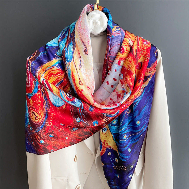 Red & Phoenix Floral Scarf Oil Painting Shawl Vintage Turban