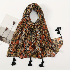 Plant Flower Print Scarf Vintage Soft Sunscreen Tassel Shawl Thin...
