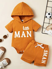 2pcs Baby Boys Little Man Hooded Onesie & Shorts Set