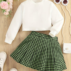 Girl's 2pcs Solid Sweatshirt & Plaid Skirt Set Preppy Style Kids Clothes