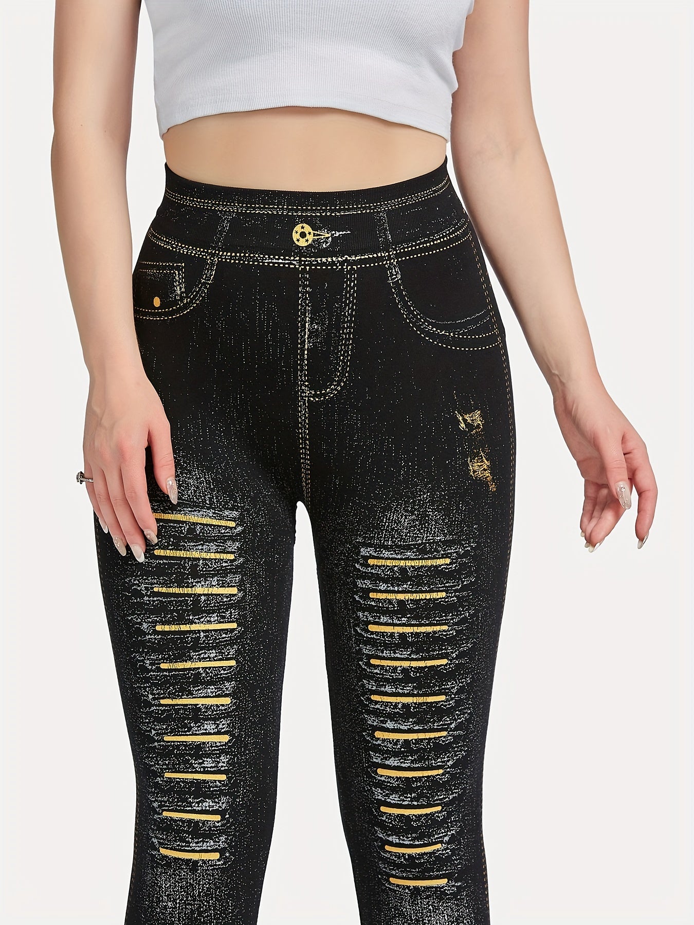 Denim Print Skinny Leggings Stretchy Casual Leggings