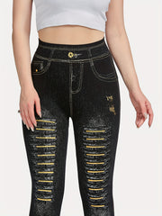 Denim Print Skinny Leggings Stretchy Casual Leggings