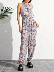 Print Tie Neck Side Split Cover Up Jumpsuit Sexy Beach Cover Up