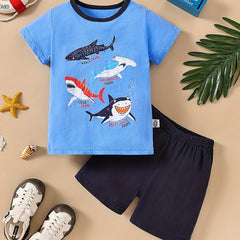 Boys Shark Casual Outfit Round Neck T shirt & Shorts Kids Summer Clothes Sets
