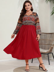 Colorblock Tribal Print Long Sleeve V Neck Maxi Dress