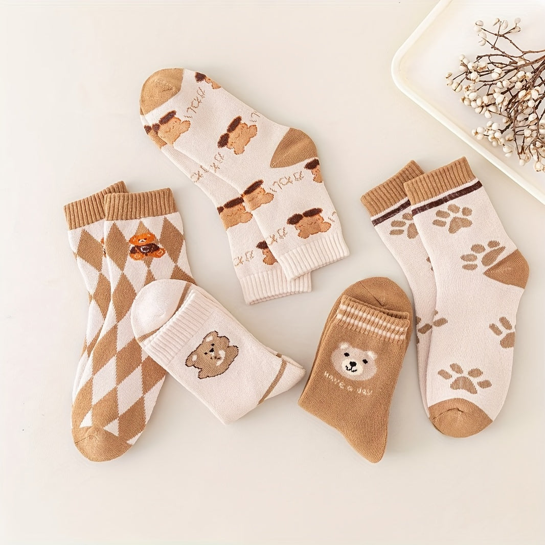 5 Pairs Cartoon Bear Print Socks, Women's Mid Tube Stockings