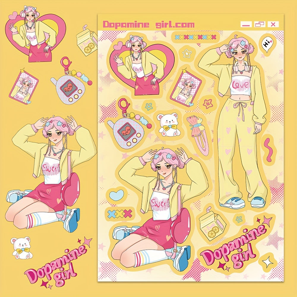 8pcs Dopamine Girl Dressing Stickers Water Cup Waterproof Decorative Stickers