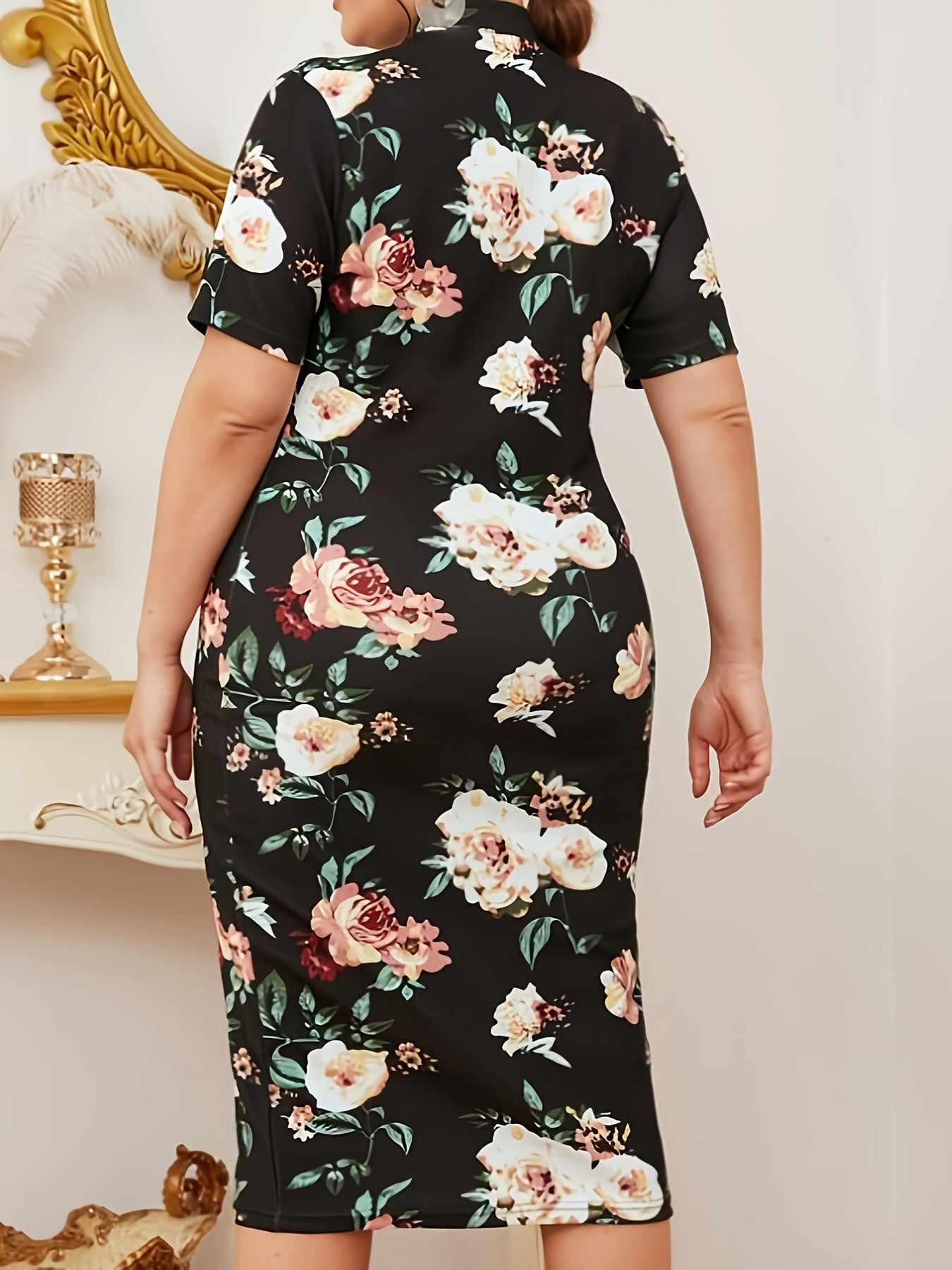 Women's Plus Floral Print Short Sleeve Stand Collar Midi Dress