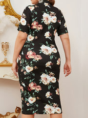 Women's Plus Floral Print Short Sleeve Stand Collar Midi Dress