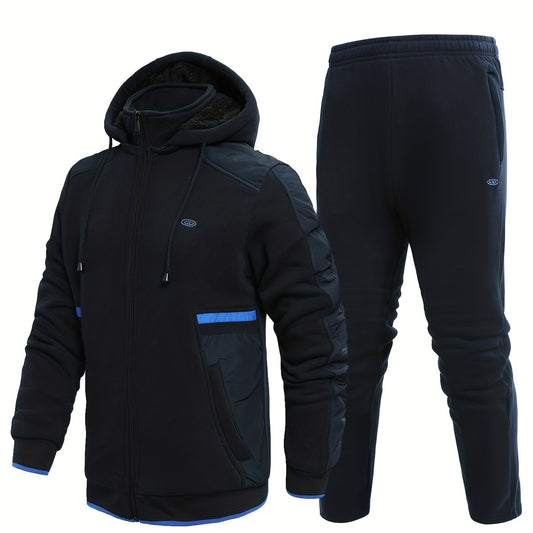 Men's Thick Sports Suit with Hooded Jacket & Stretchy Pants