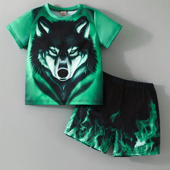 Boys Wolf & Flame Pattern Print T Shirt And Shorts Set