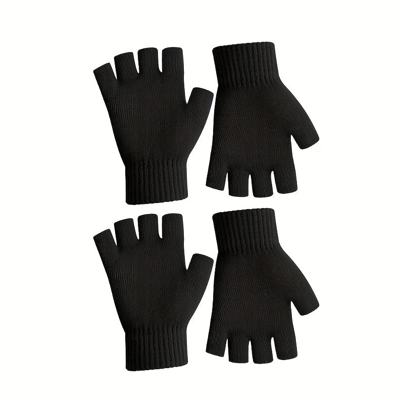 2pairs Men's Winter Fingerless Gloves Knitted Typing Half Finger Gloves
