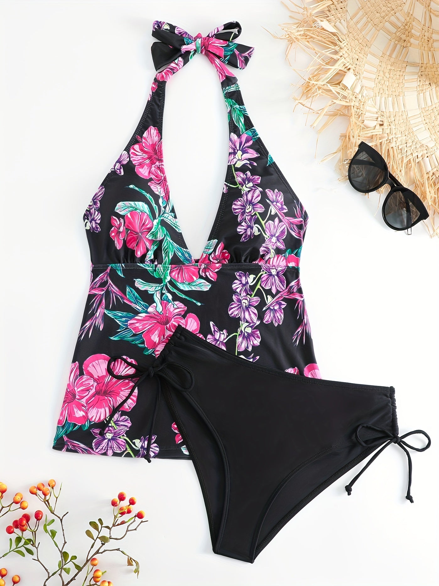 Floral Drawstring Tankini Set Halter V Neck Swimsuit
