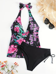 Floral Drawstring Tankini Set Halter V Neck Swimsuit