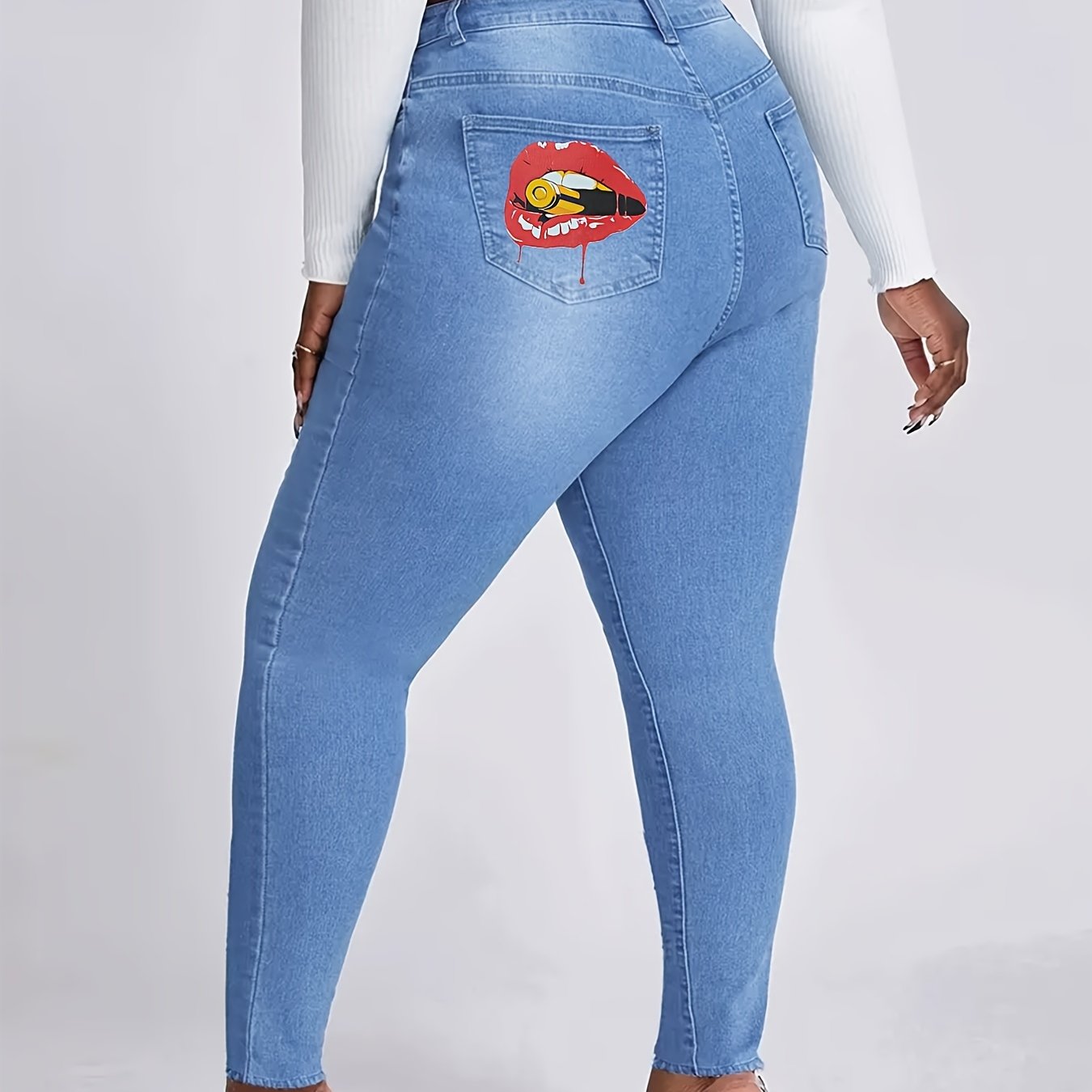 Washed Button Fly Lip Print High Rise Skinny Jeans