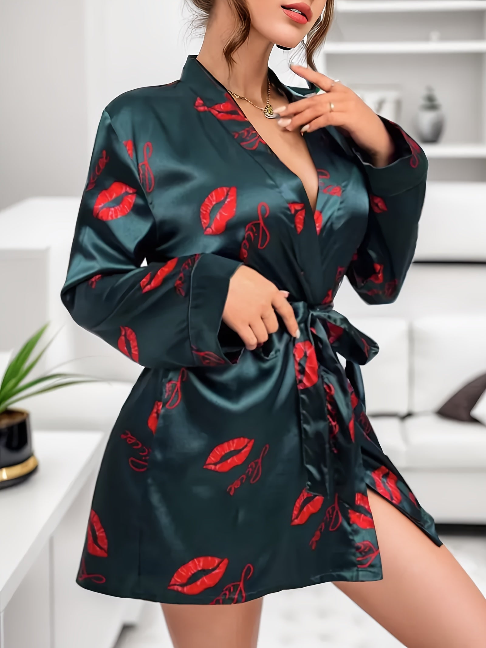 Women's Lips Print Lounge Robe Long Sleeve V Neck Home Robe
