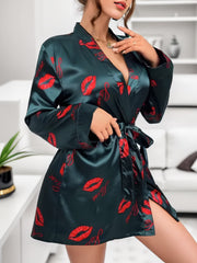 Women's Lips Print Lounge Robe Long Sleeve V Neck Home Robe