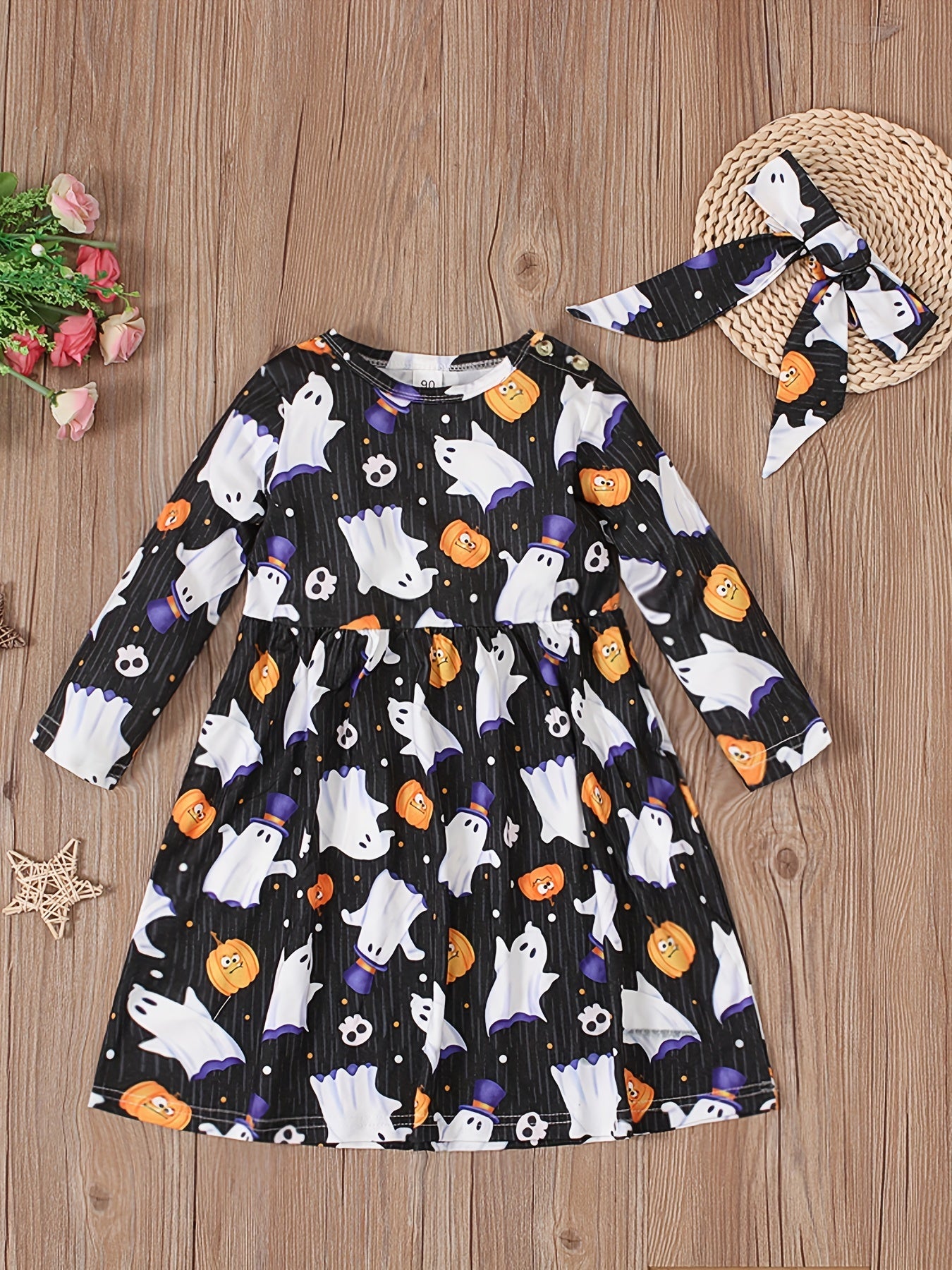 Girls Halloween Pumpkin Pattern Long-sleeved Dress Set