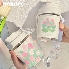 400ml Handheld Water Cup Tulip Printed Cover Leakproof Glass Cup