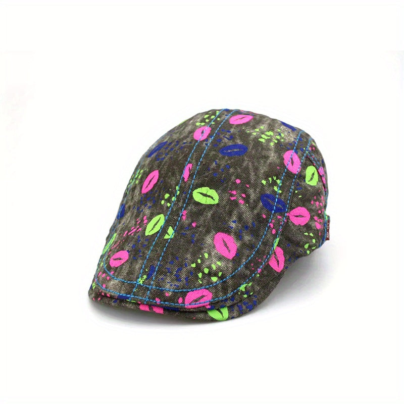 Lips Print Hip Hop Beret Washed Distressed Lightweight Painter Cap