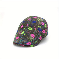 Lips Print Hip Hop Beret Washed Distressed Lightweight Painter Cap