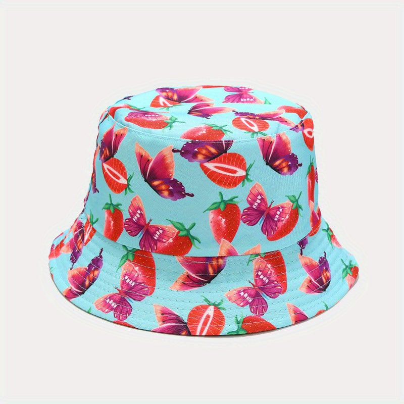 Strawberry Butterfly Print Bucket Hat Reversible Cartoon Fisherman Cap
