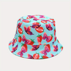 Strawberry Butterfly Print Bucket Hat Reversible Cartoon Fisherman Cap