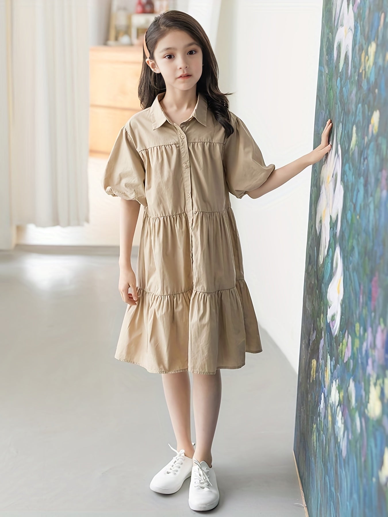 Cotton Puff Sleeve Lapel Dress for Girls