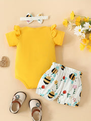 3pcs Baby Girls Mommy Is My Bestie Bee Flowers Onesie & Shorts Set
