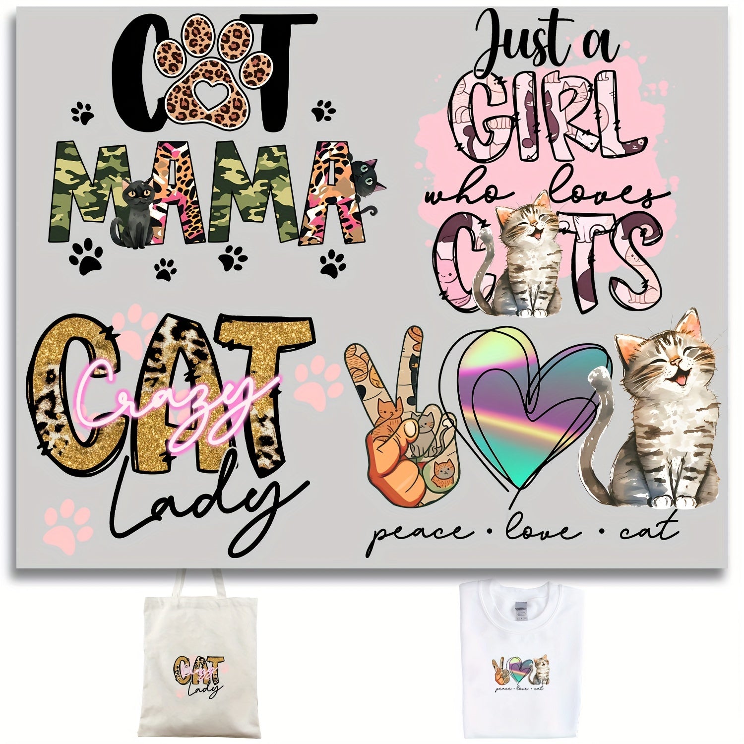 4pcs Cat Mom Iron-On Stickers for DIY T-shirt Backpack Hat Decoration
