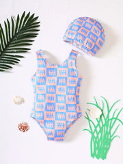 Girl's Unicorn Print Onesie Swimsuit & Cap