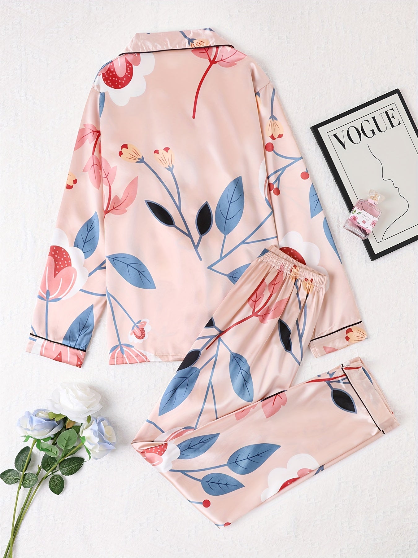 Floral Print Pajama Set Long Sleeve Buttons Top & Elastic Waistband Pants