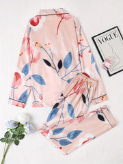 Floral Print Pajama Set Long Sleeve Buttons Top & Elastic Waistband Pants