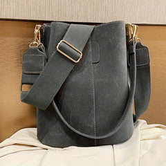 Retro Frosted Bucket Bag Crossbody Shoulder Purse Wide Strap